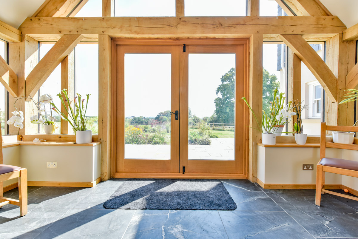 Internal view of a bespoke timber framed building hand built in Somerset